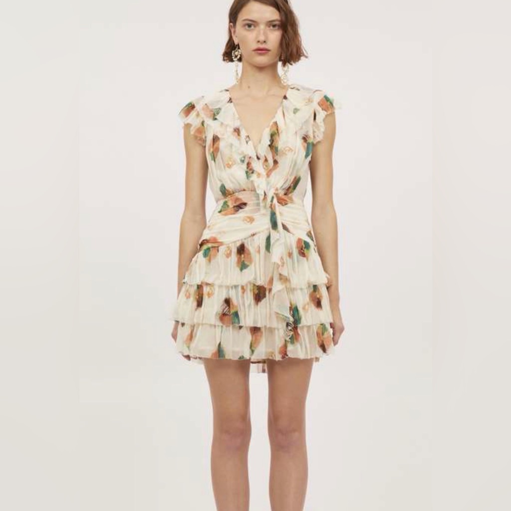 Ulla Johnson Size 12 Zina White Silk Ruffle Tiered Short Sleeve Mini Dress.